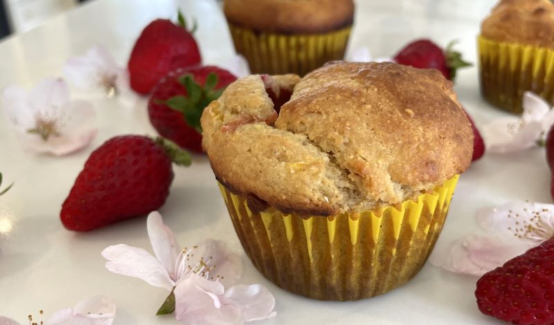 honey cornbread muffin with strawberries