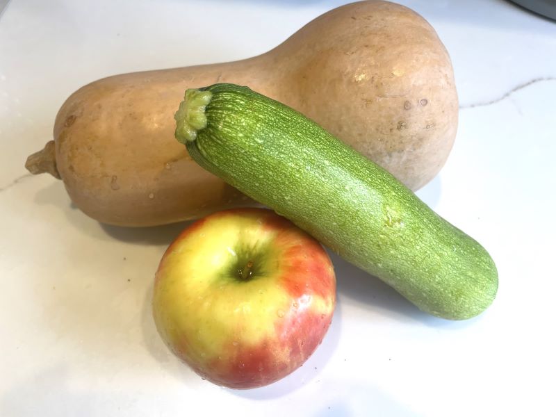 apple, zucchini, butternut squash muffin  ingredients for toddler vegetable muffin recipe