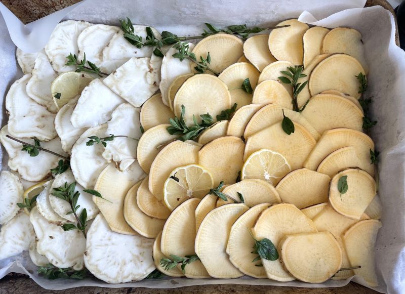 celery root and potatoes with oregano and lemon